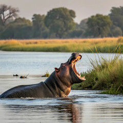 Fototapeta premium hippo is sitting in the water opening his mouth