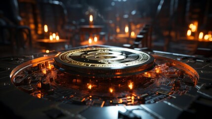 A gold coin with a symbol on it is surrounded by a glowing, dark environment