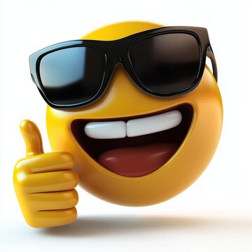 An emoticon face icon in sunglasses giving a thumbs up cartoon