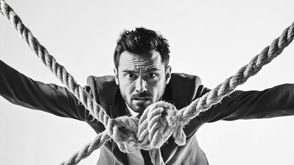 Businessman Bound by Rope: A Portrait of Stress and Perseverance in the Corporate World