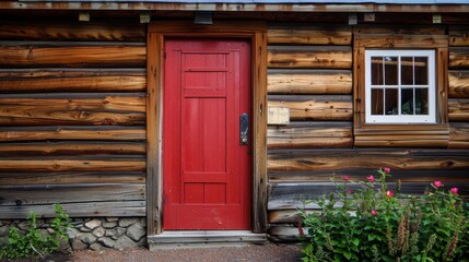 Obraz premium Rustic Cabin with Red Door and Floral Accents