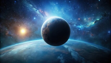 A cosmic dance of celestial bodies, with a bright star illuminating the distant horizon, while a lone planet floats above a vast, blue-tinged world.