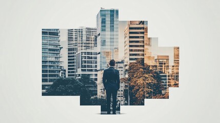 Businessman standing amidst a fragmented cityscape of towering skyscrapers, symbolizing urban ambition and success.