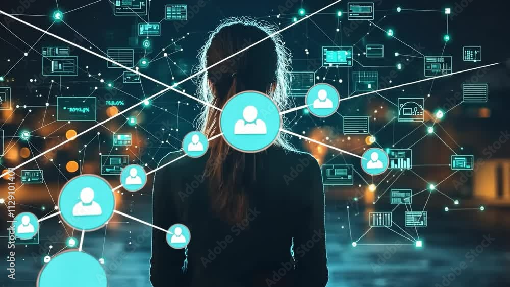 Poster person analyzing digital data visualization with interconnected nodes at night in an urban setting