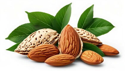 large almond grains in the shell and without scattered in a pile with leaves, only collected, on a white background	
