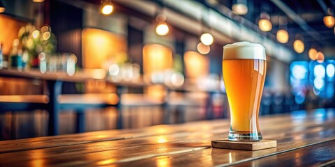 A frosty glass of beer sits on a wooden bar counter, invitingly placed in the warm glow of the establishment's interior lighting.