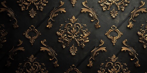 Intricate gold and black wallpaper design featuring ornate floral patterns.