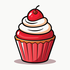Hyper-Realistic Cupcake Design: Chocolate Base, Red Velvet, Cream Frosting, Glossy Cherry with Syrup, 3D Look, White Background