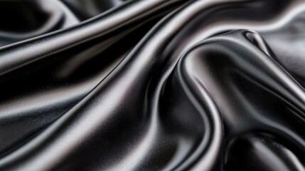 Fototapeta premium Smooth, rich black satin fabric flows gracefully, catching soft light to highlight its lustrous texture and inviting tactile allure for design lovers