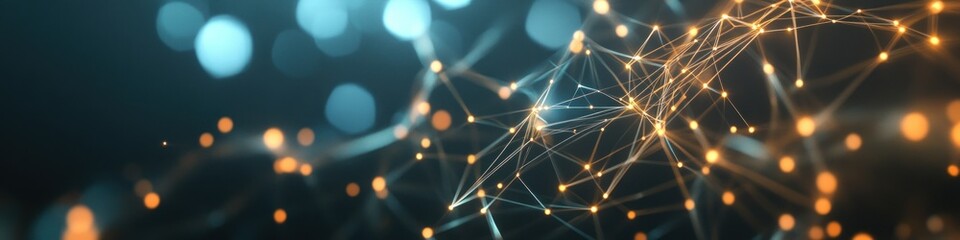 Complex glowing network structure with orange points on dark background, representing technology, communication, and innovation