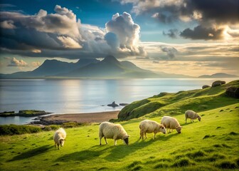Obraz premium Serene Highland Sheep Grazing with Eigg and Rum in the Background - A Minimalist Landscape Capturing the Essence of Scotland's Natural Beauty