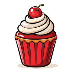 Hyper-Realistic Cupcake Design: Chocolate Base, Red Velvet, Cream Frosting, Glossy Cherry with Syrup, 3D Look, White Background