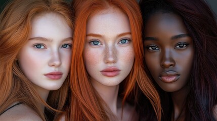 Three women with stunning hair colors and unique features connect through shared beauty, highlighting diversity and confidence