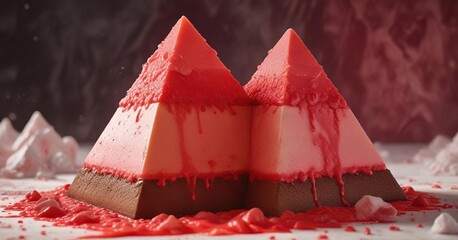 A majestic pyramid of sugary delights topped with a generous dollop of crimson frosting , donuts, red, desserts