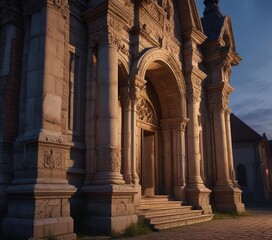 Obraz premium Ancient Ukrainian Pyatnytska church facade with ornate stone columns at dusk, rural landscape, traditional ukrainian