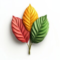 Obraz premium A trio of vibrant, textured leaves in red, yellow, and green, arranged artistically against a white background.
