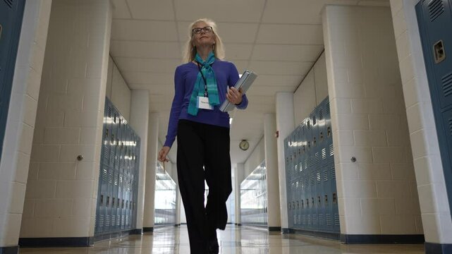 A mature teacher walks confidently through a brightly lit school hallway, holding books and organizing her materials while enjoying her day.
