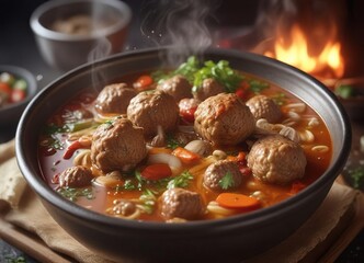 Aromatic steam from a bowl of spicy meatball soup, savory, heat