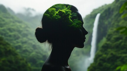 Ethereal Woman's Profile Blending with Cascading Waterfall in Lush Rainforest Landscape
