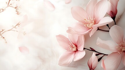 Delicate Pink Magnolia Blossoms and Petals on White Background