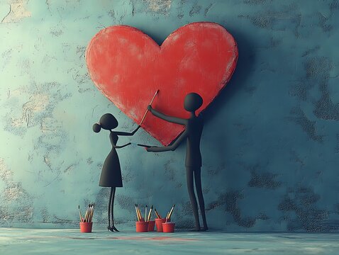 A Valentine's Day cartoon image of two round characters helping each other decorate a large heart-shaped sign. Brushes and tiny paint pots lie at their feet. The colors are bright and friendly, 