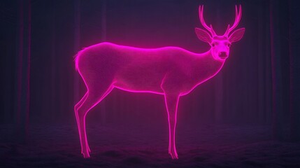 Fototapeta premium Magenta Deer Silhouette in Misty Midnight Forest with Bold Outline and Intricate Wireframe Details