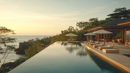 Obraz premium Luxury villa infinity pool overlooking ocean at sunset.
