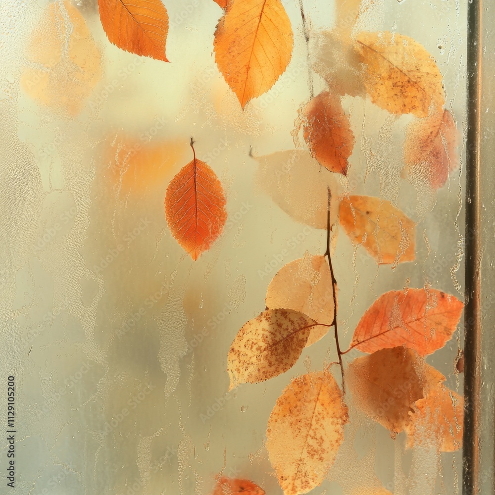 Poster wet window with maple leaf stuck to it and space for writing. a glimpse of autumn mood