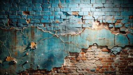 Fototapeta premium A weathered brick wall with peeling paint and cracks, revealing the underlying brickwork, creating a textured backdrop.