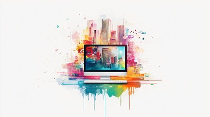 Colorful Cityscape on Computer Screen: Abstract Digital Art