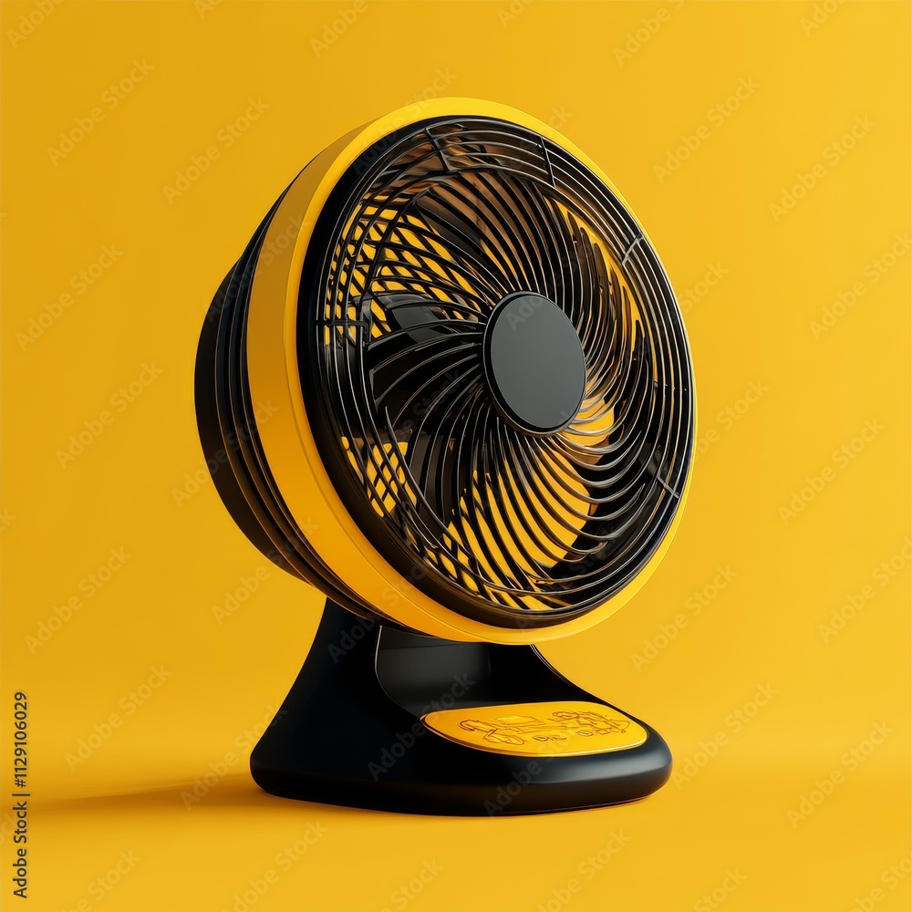 Poster Side view of realistic portable fan in black and yellow colors. Climate device for using in room with hot temperatures. Vector illustration in 3d style with shadow