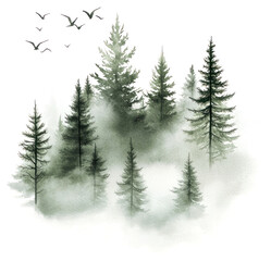 Obraz premium PNG Watercolor forest trees mist nature.