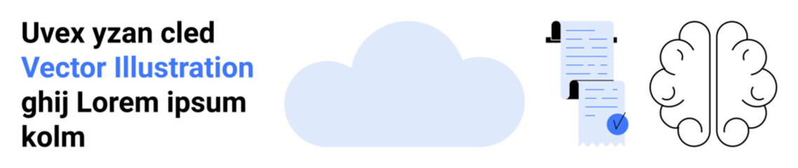 Central cloud icon, outlined brain, and documents suggest data storage, AI, and digital paperwork. Ideal for tech, AI, cloud services, document management, data analysis, education, IT. Landing page