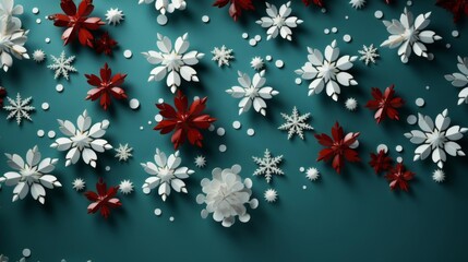 A blue background with a lot of red and white snowflakes