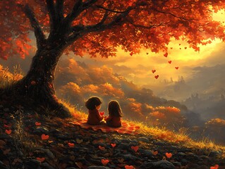 A cartoon Valentine's Day setting: two round-faced figures sit on a small blanket, sharing heart-shaped cookies. Behind them, a stylized tree with heart-shaped leaves and pastel-hued hills form 
