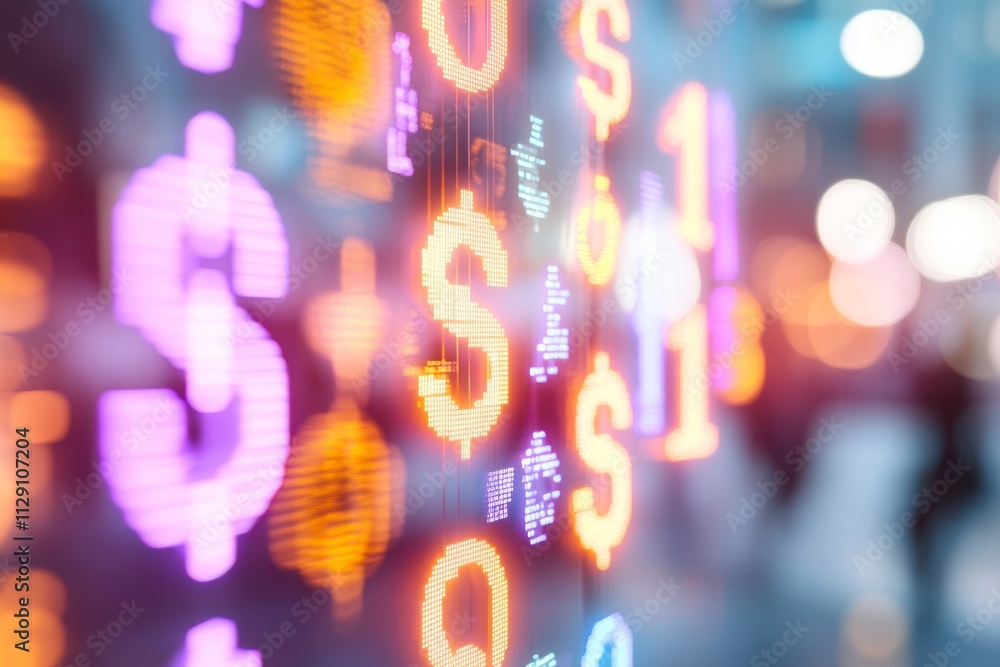 Poster Neon Currency Symbols and Blurred Movement in Abstract Financial Hub