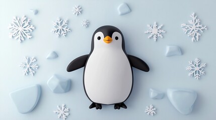 Obraz premium Adorable 3D Cartoon Penguin Surrounded by Winter Snowflakes and Icy Backdrop