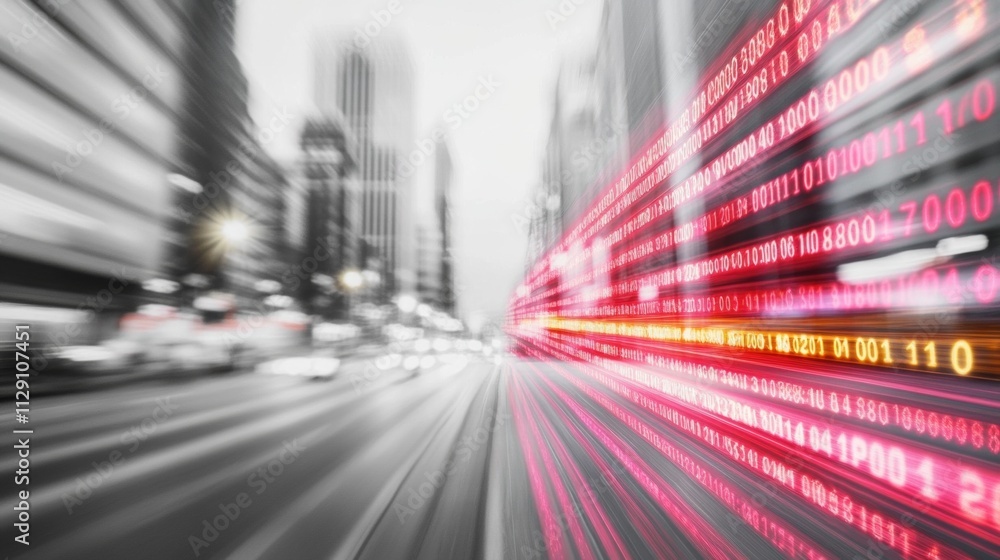 Poster abstract cityscape with dynamic currency data overlaid in vibrant streaks