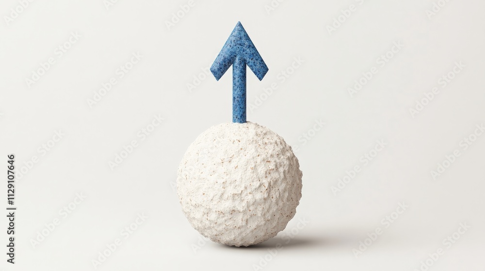 Poster growth and progress: abstract 3d render of a textured sphere with an upward-pointing arrow, symboliz