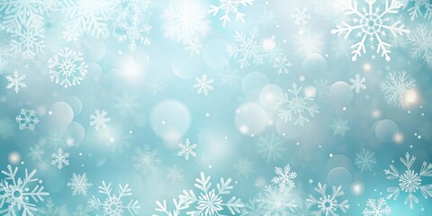 A delicate and abstract winter background with scattered snowflakes on a soft blue backdrop featuring a subtle bokeh effect, creating a magical and dreamy atmosphere.