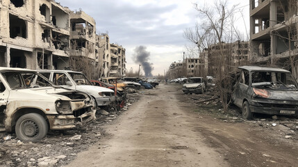 A ruined cityscape with destroyed buildings, shattered vehicles and rising smoke shrouded under a gloomy sky symbolizes the desolation and destruction of war