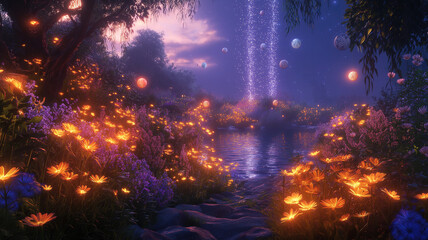 Obraz premium Midsummer Night’s display with glowing text and celestial-themed tags for magical ambiance