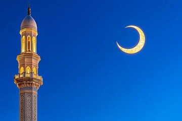 A detailed shot of a crescent moon and star motif, illuminated on a mosque minaret under a clear night sky