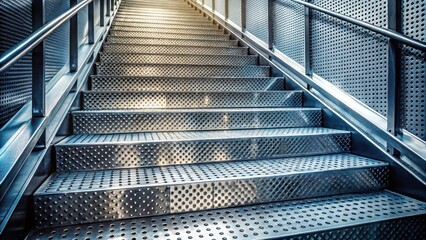 A metallic staircase with a perforated pattern and a railing, illuminated by a soft light source.
