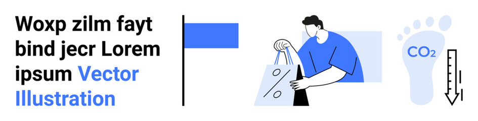 Man in blue shirt holding shopping bags with percentage sign, next to carbon footprint icon and CO2 reduction arrow. Ideal for environmental impact, sustainability, shopping, eco-friendly, marketing