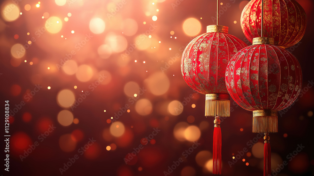 Poster festive red and gold bokeh background with space for chinese new year message or text