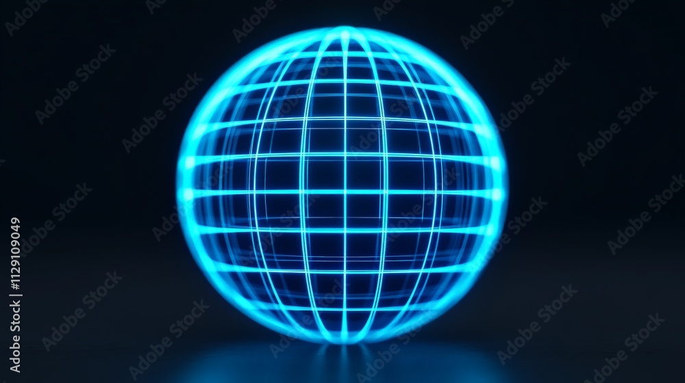 Poster global network sphere: futuristic glowing blue sphere with grid lines, symbolizing global connection