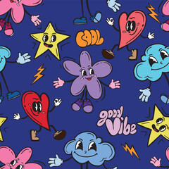 Cartoon seamless background with heart, flower, star. Groovy Background for children's textiles, wrapping paper, and more. Girlish print