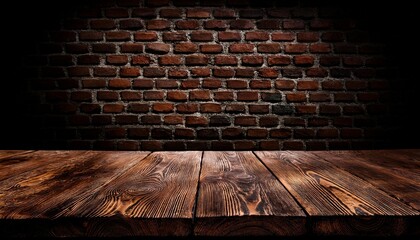 old wooden table with brick background dark