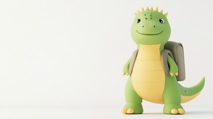 Fototapeta premium Adorable Clay Dinosaur with Tiny Backpack in Bright Green and Yellow Tones,3D Render